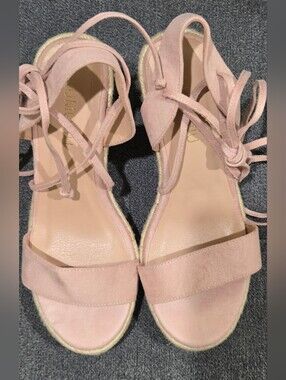 Women’s Blush Pink Suede Lace-Up Wedge Sandals